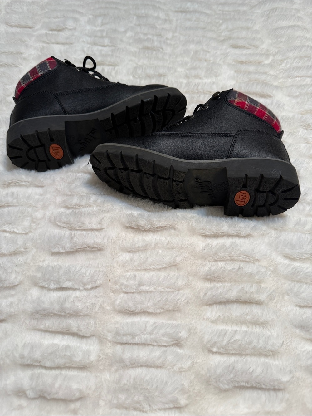 Ladies Black Lace-Up Ankle Boots with Red Plaid Collar - Picture 5 of 5